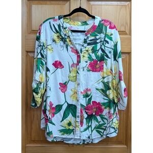 Cupio SIze XL Rayon Linen Blend Floral Button Tab Sleeves High Low Hem Blouse